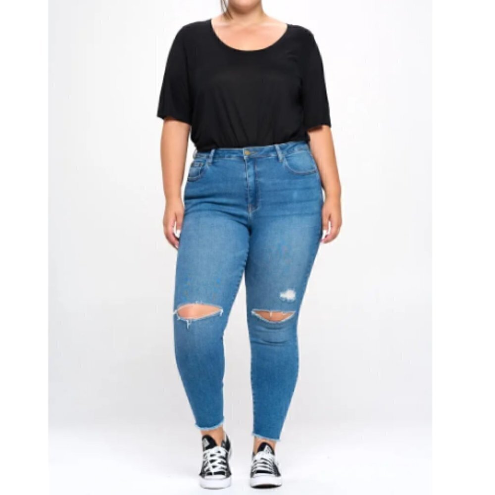 I&M Jeans Women’s Medium Wash High Rise Stretch Raw Hem Skinny Denim Jeans